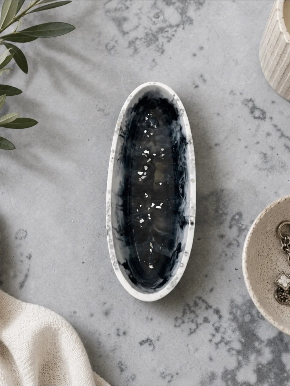 Black Marbled Oval Ceramic Soap Dish - Home Bath Vanity Tray